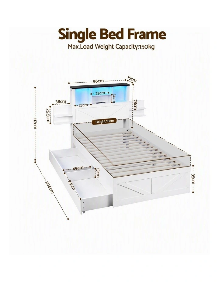Artiss Single Bed Frame Storage Drawers Platform Bed Bookcase Headboard Charging LED White image 2
