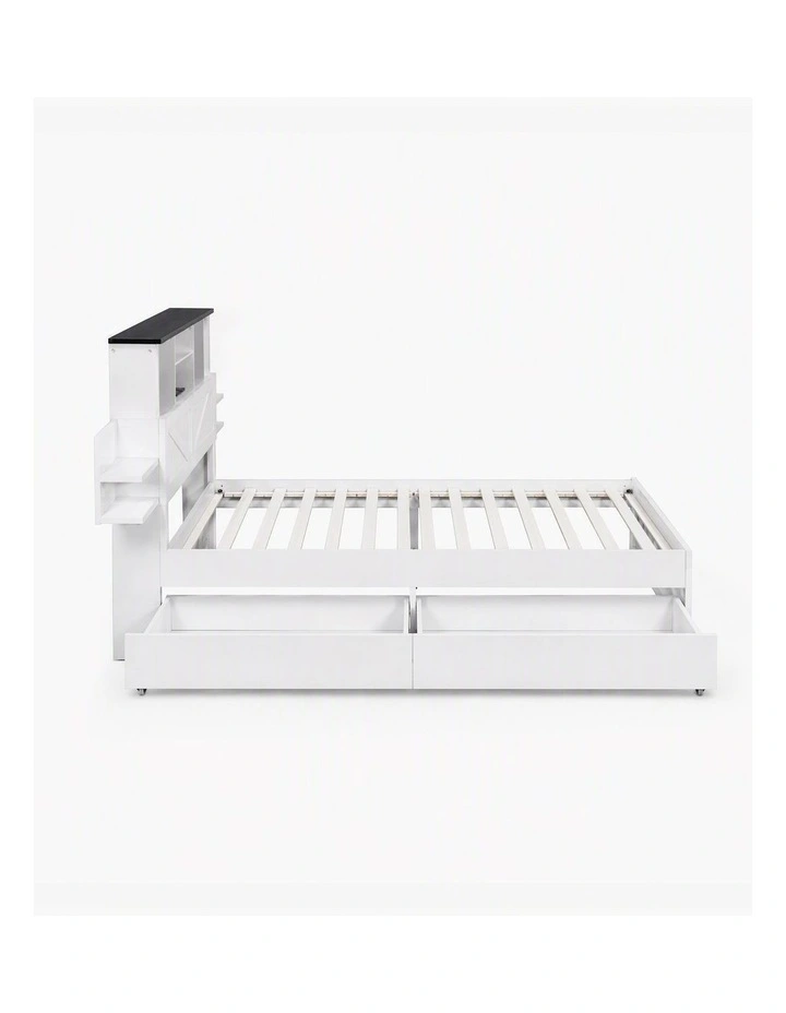 Artiss Single Bed Frame Storage Drawers Platform Bed Bookcase Headboard Charging LED White image 3