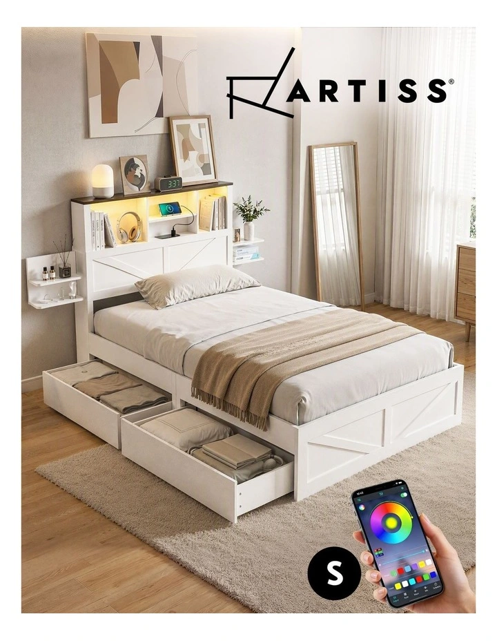 Artiss Single Bed Frame Storage Drawers Platform Bed Bookcase Headboard Charging LED White image 6