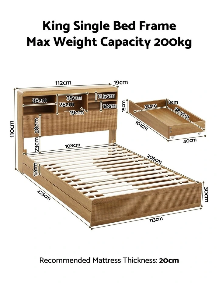 Artiss King Single Bed Frame with Storage, 4 Drawers, USB and Night Light Natural image 2