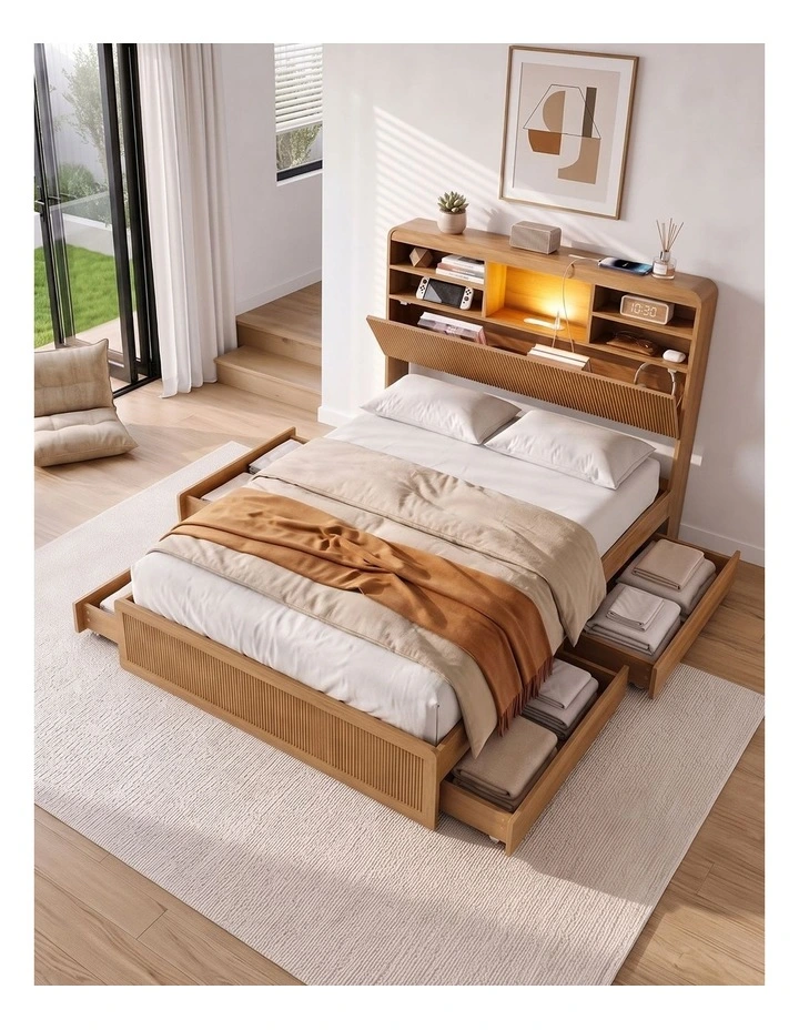 Artiss King Single Bed Frame with Storage, 4 Drawers, USB and Night Light Natural image 6