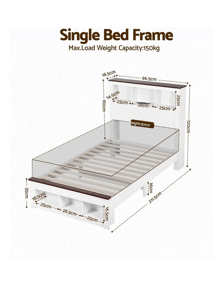 Artiss Single Bed Frame with Storage Bookcase Headboard and Footboard, White image 2