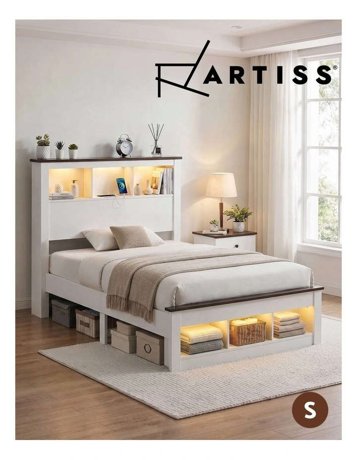 Artiss Single Bed Frame with Storage Bookcase Headboard and Footboard, White image 6