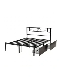 Artiss Queen Bed Frame with Charging Station & Storage Drawers Metal