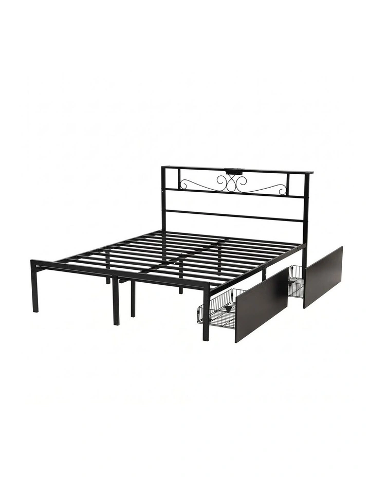 Artiss Queen Bed Frame with Charging Station & Storage Drawers Metal image 1