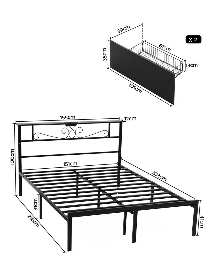 Artiss Queen Bed Frame with Charging Station & Storage Drawers Metal image 2