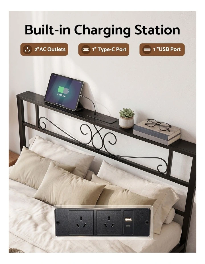 Artiss Queen Bed Frame with Charging Station & Storage Drawers Metal image 4