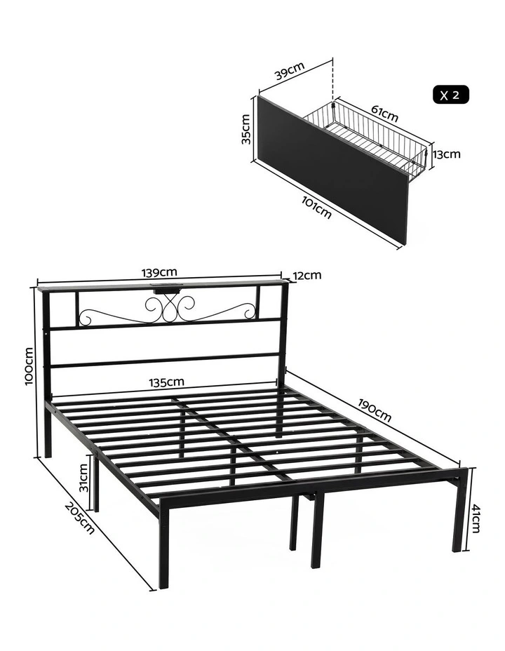 Artiss Double Bed Frame with Charging Station & Storage Drawers Metal image 2