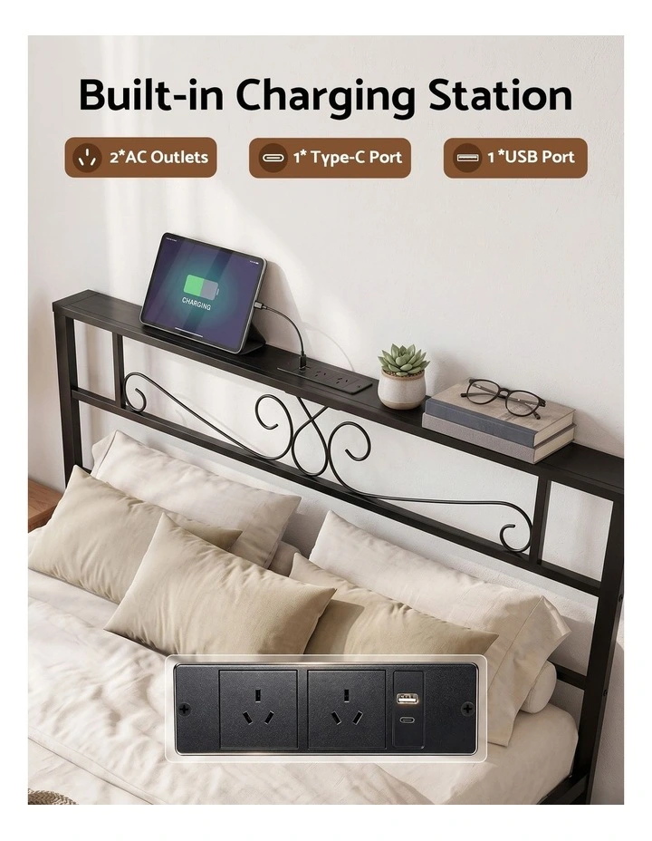 Artiss Double Bed Frame with Charging Station & Storage Drawers Metal image 4