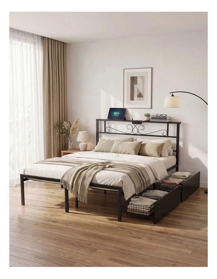 Artiss Double Bed Frame with Charging Station & Storage Drawers Metal image 6