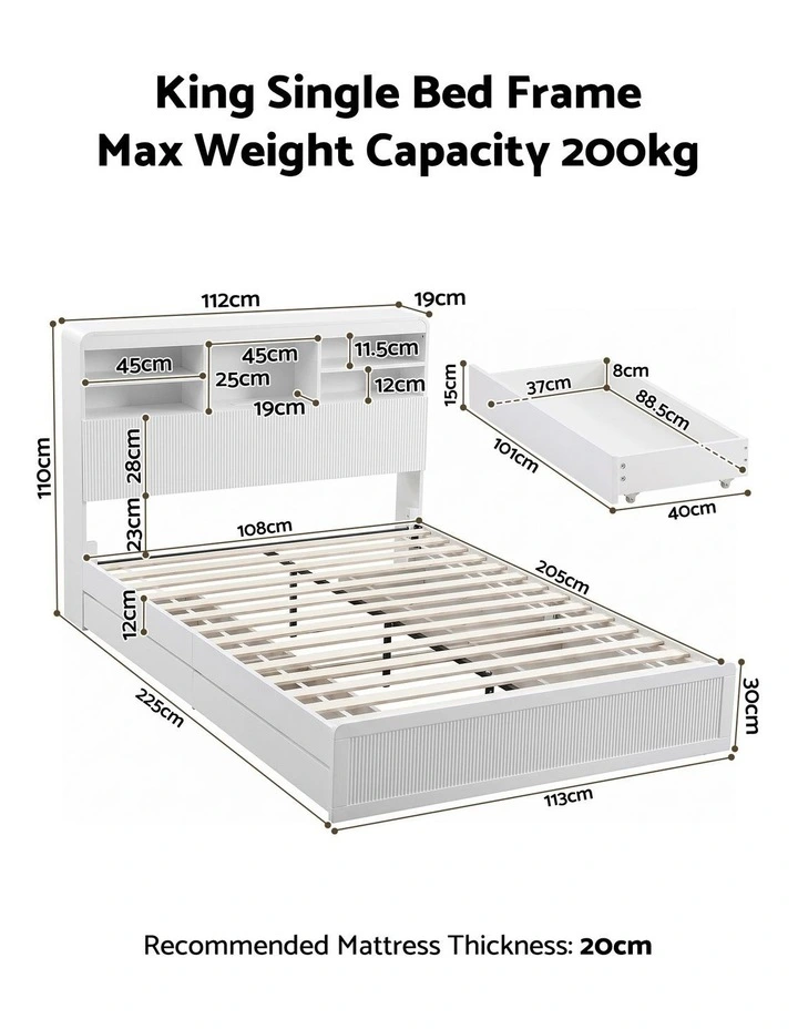 Artiss King Single Bed Frame with Storage, 4 Drawers, USB and Night Light White image 2