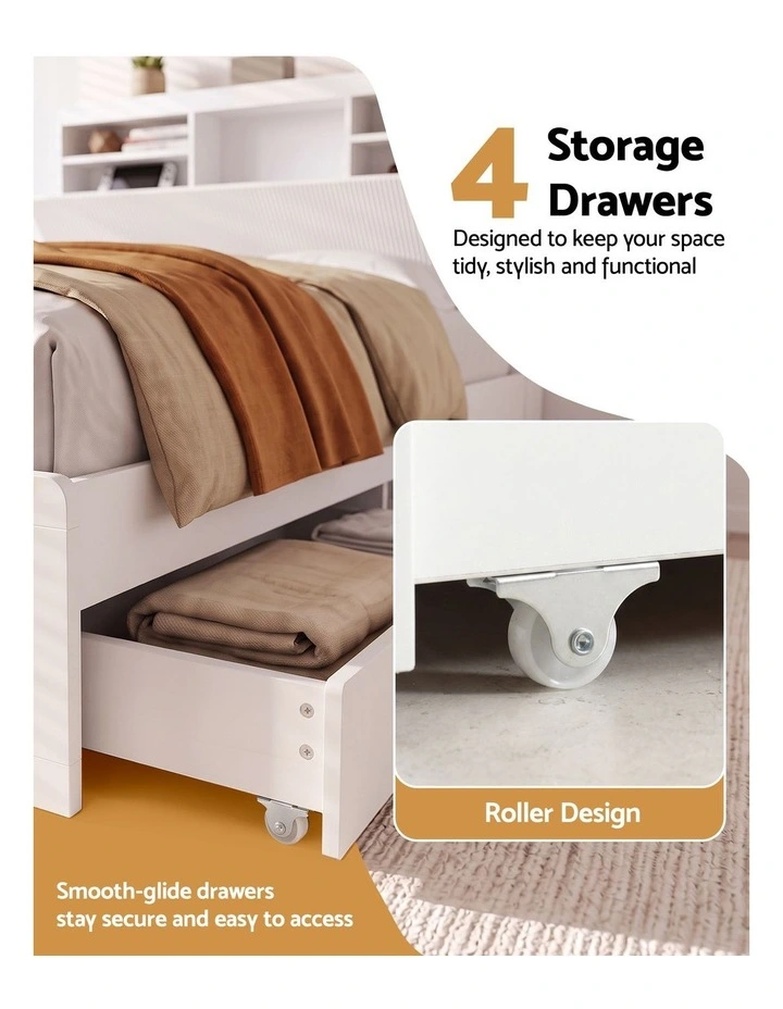 Artiss King Single Bed Frame with Storage, 4 Drawers, USB and Night Light White image 5