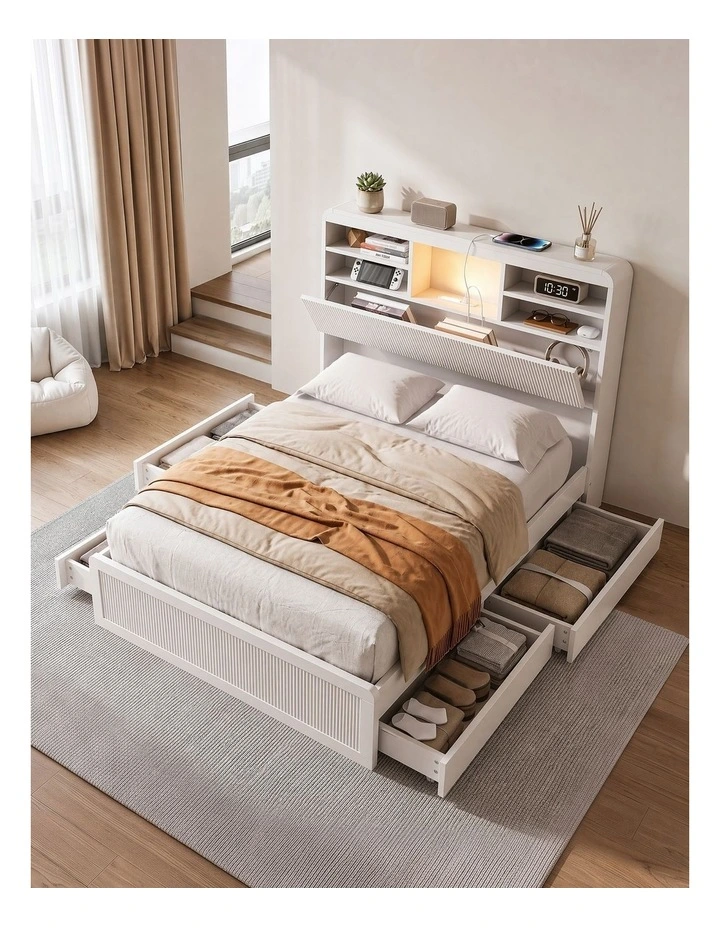 Artiss King Single Bed Frame with Storage, 4 Drawers, USB and Night Light White image 6