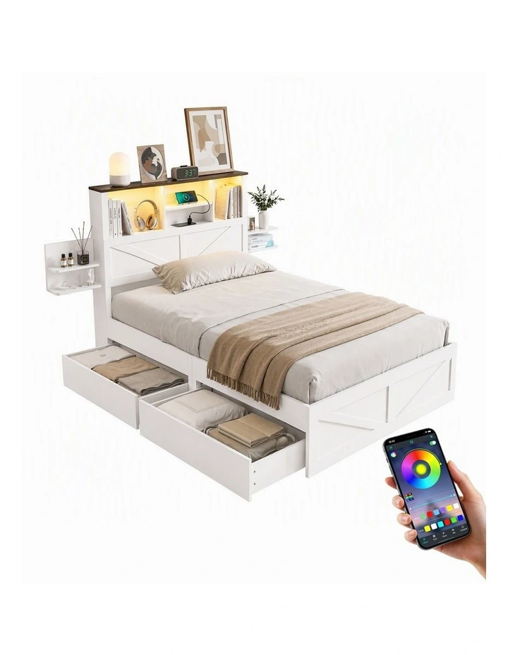 Artiss King Single Bed Frame Storage Drawers Platform Bed Bookcase Headboard Charging LED White image 1