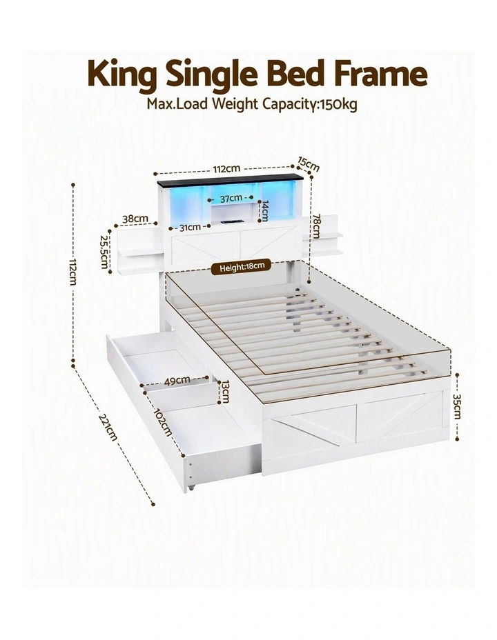 Artiss King Single Bed Frame Storage Drawers Platform Bed Bookcase Headboard Charging LED White image 2