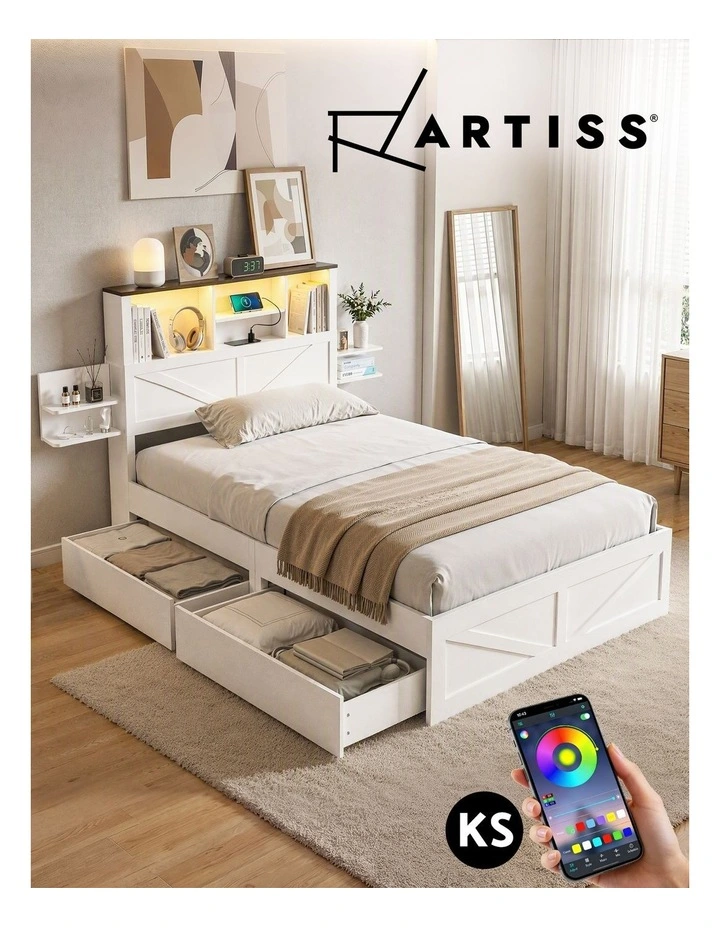 Artiss King Single Bed Frame Storage Drawers Platform Bed Bookcase Headboard Charging LED White image 6