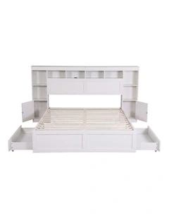 Artiss Queen Bed Frame with Storage Bookcase Headboard, USB & Type-C Ports & Drawers White