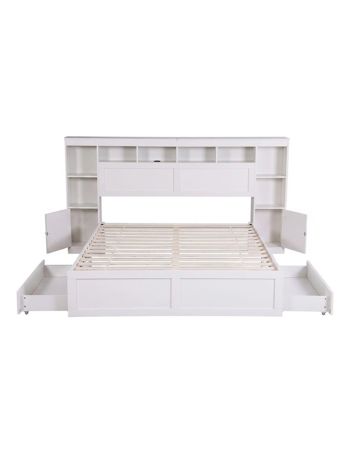 Artiss Queen Bed Frame with Storage Bookcase Headboard, USB & Type-C Ports & Drawers White image 1