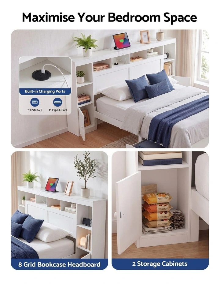 Artiss Queen Bed Frame with Storage Bookcase Headboard, USB & Type-C Ports & Drawers White image 4