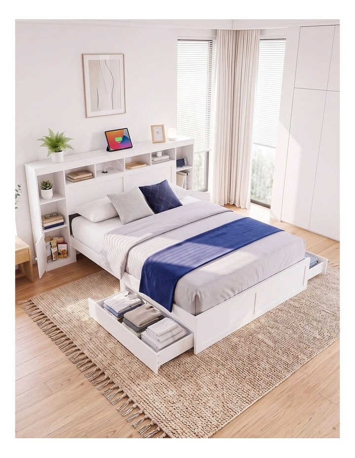 Artiss Queen Bed Frame with Storage Bookcase Headboard, USB & Type-C Ports & Drawers White image 6