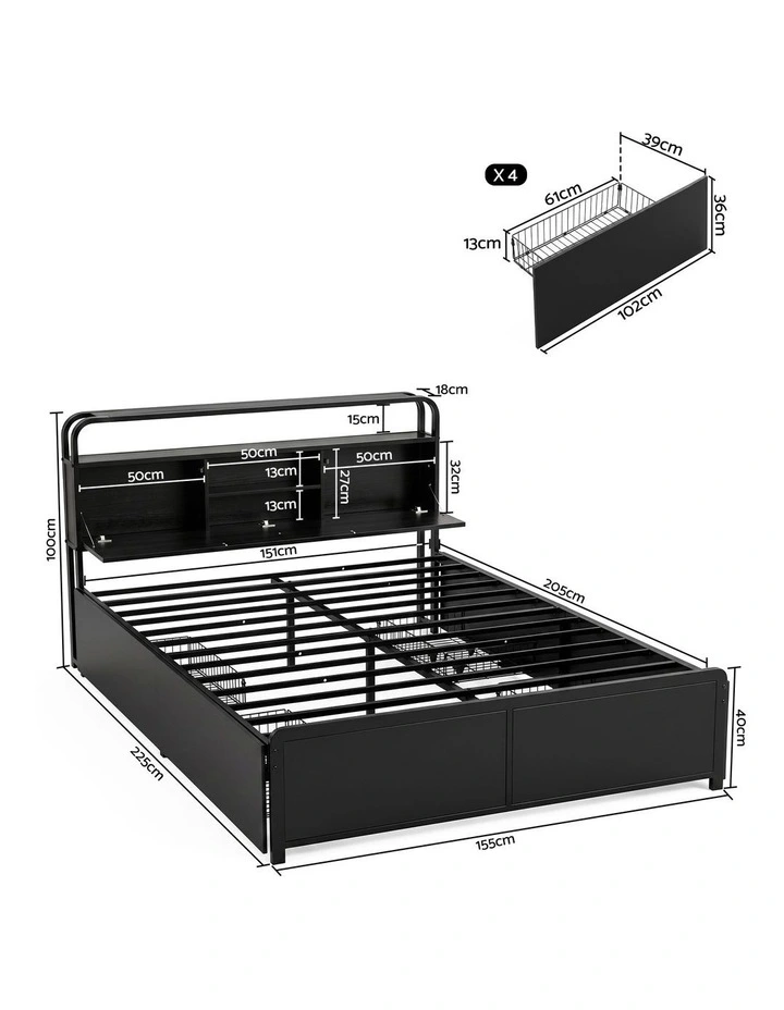 Artiss Queen Metal Bed Frame 4 Drawers Hidden Storage Headboard HEDY image 2