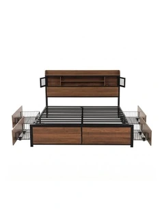 Artiss Queen Bed Frame with Charging Station 4 Drawers Storage Oak