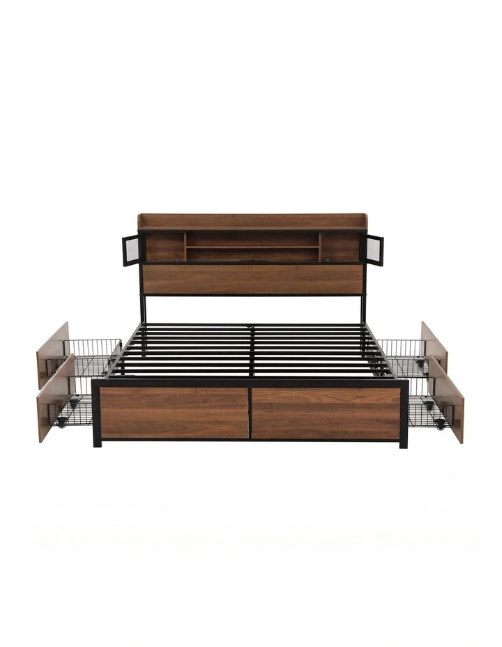 Artiss Queen Bed Frame with Charging Station 4 Drawers Storage Oak image 1