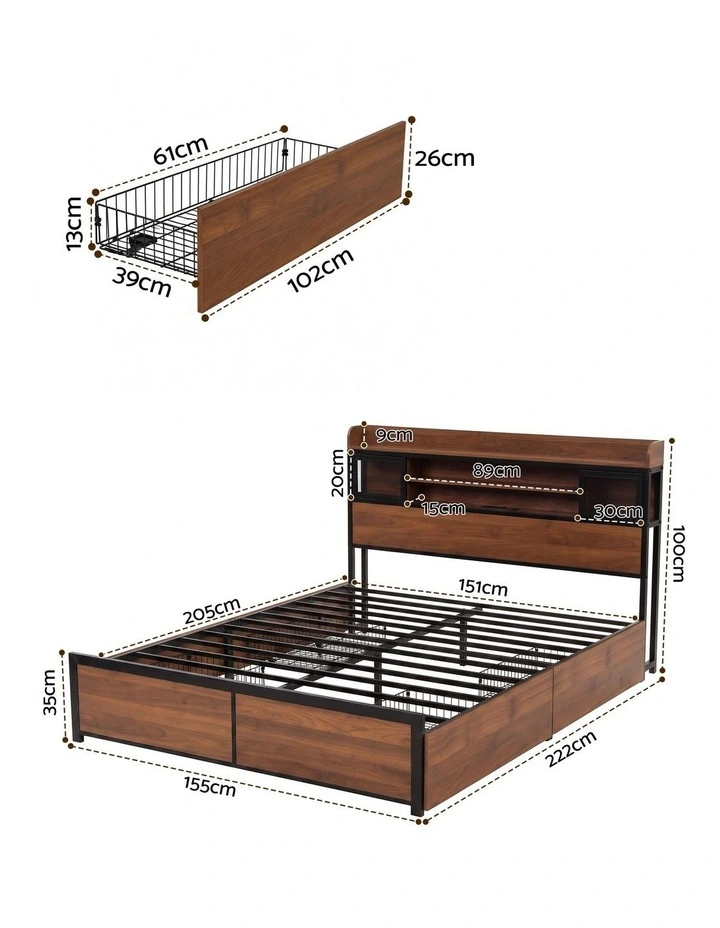 Artiss Queen Bed Frame with Charging Station 4 Drawers Storage Oak image 2
