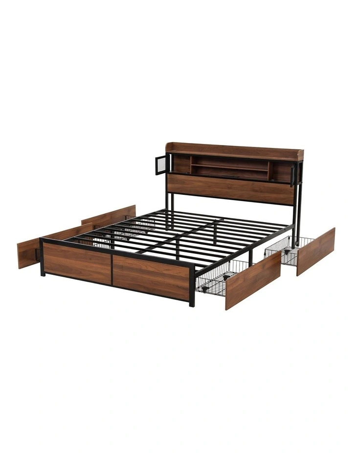 Artiss Queen Bed Frame with Charging Station 4 Drawers Storage Oak image 3