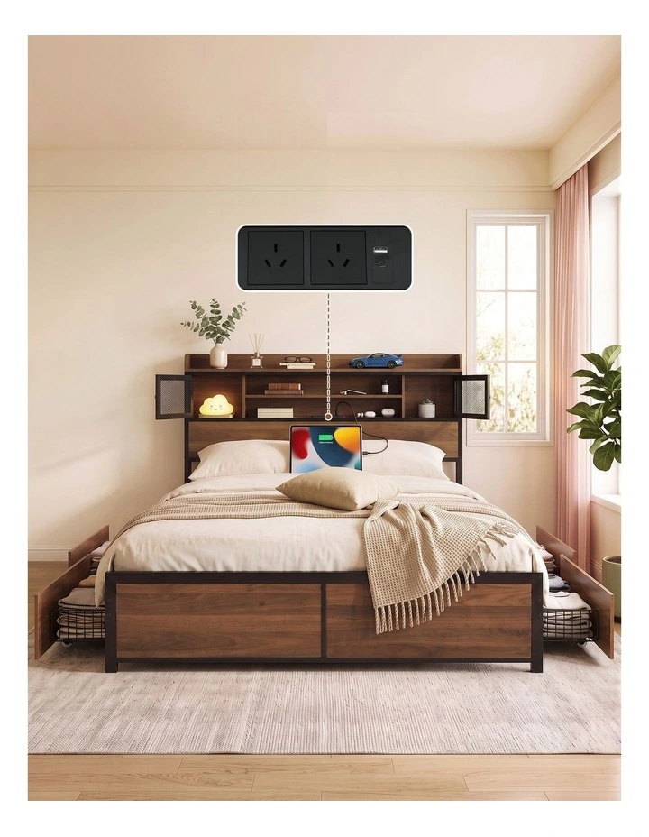 Artiss Queen Bed Frame with Charging Station 4 Drawers Storage Oak image 6