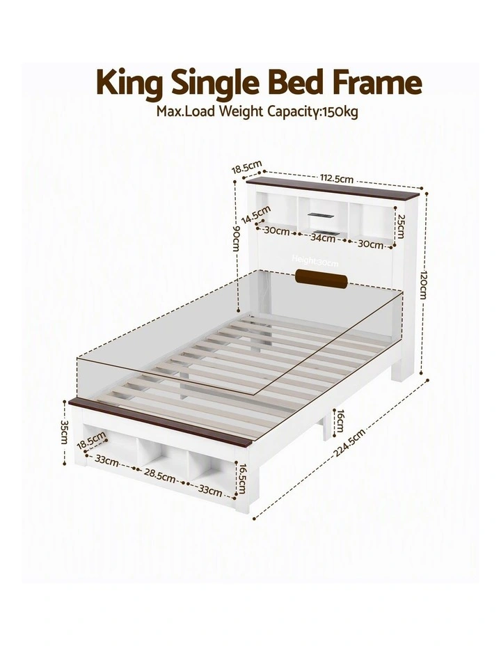 Artiss King Single Bed Frame with Storage Bookcase Headboard and Footboard, White image 2
