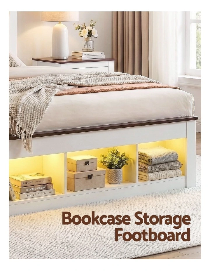 Artiss King Single Bed Frame with Storage Bookcase Headboard and Footboard, White image 4