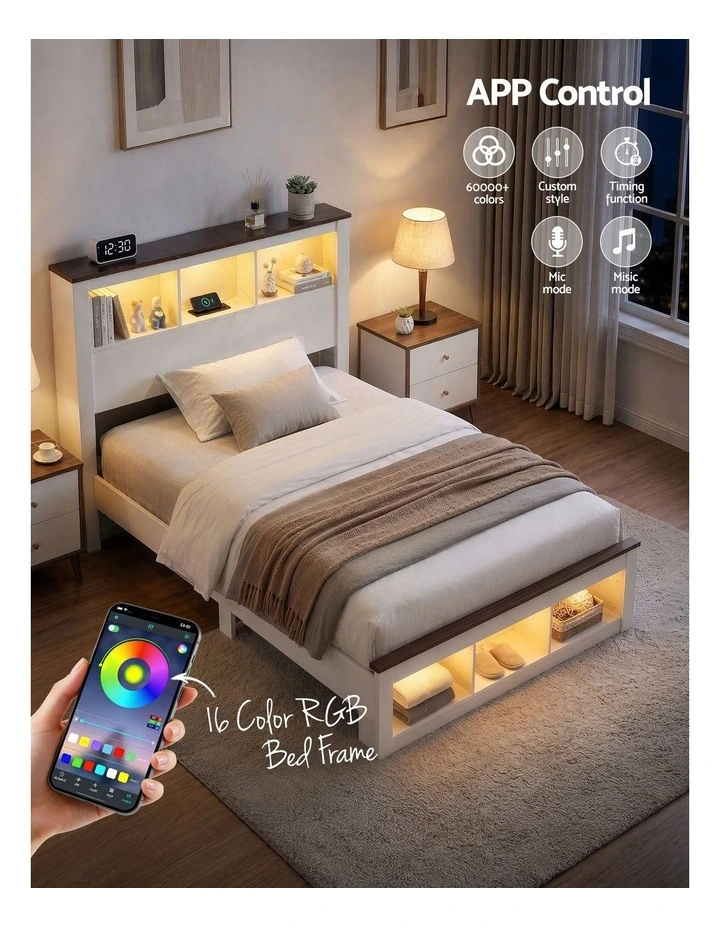 Artiss King Single Bed Frame with Storage Bookcase Headboard and Footboard, White image 5
