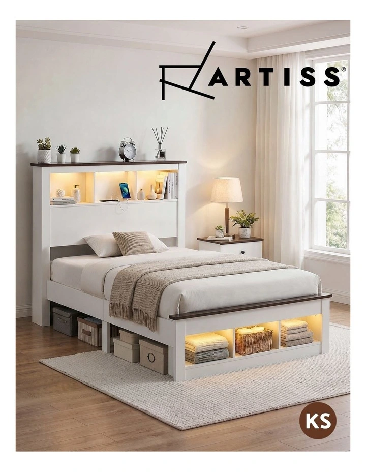 Artiss King Single Bed Frame with Storage Bookcase Headboard and Footboard, White image 6