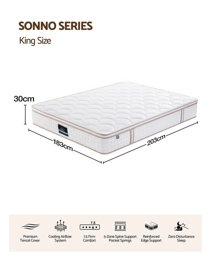Giselle 30cm King Spring Mattress Tencel Cover 5-Zone Firm Back Support image 2