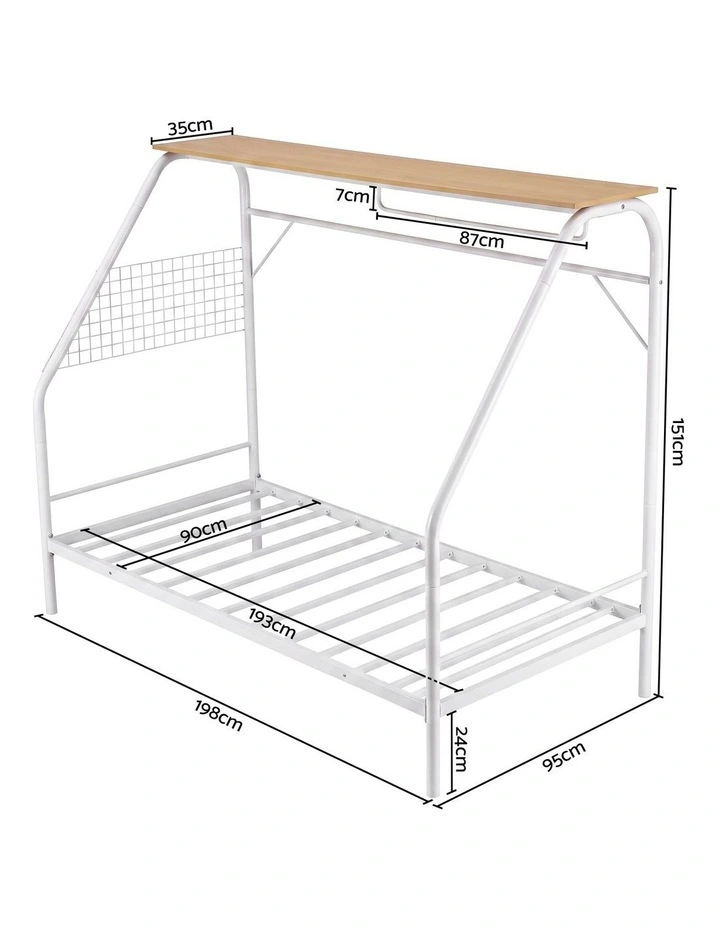 Artiss Single House Bed Frame Metal Canopy Bed Storage Shelf for Kids White image 2