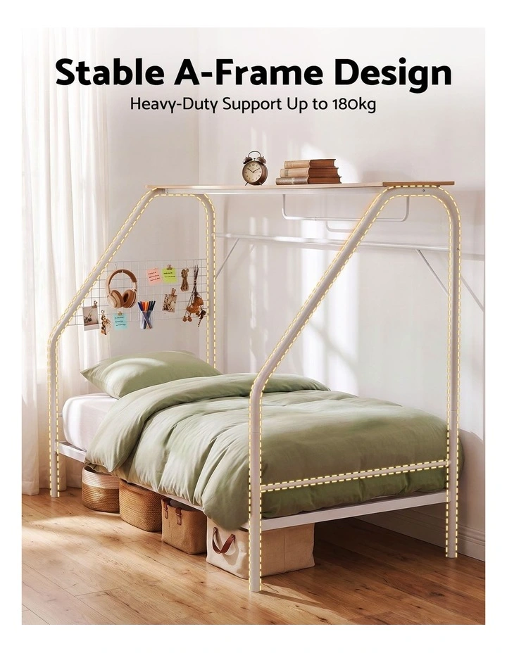 Artiss Single House Bed Frame Metal Canopy Bed Storage Shelf for Kids White image 4