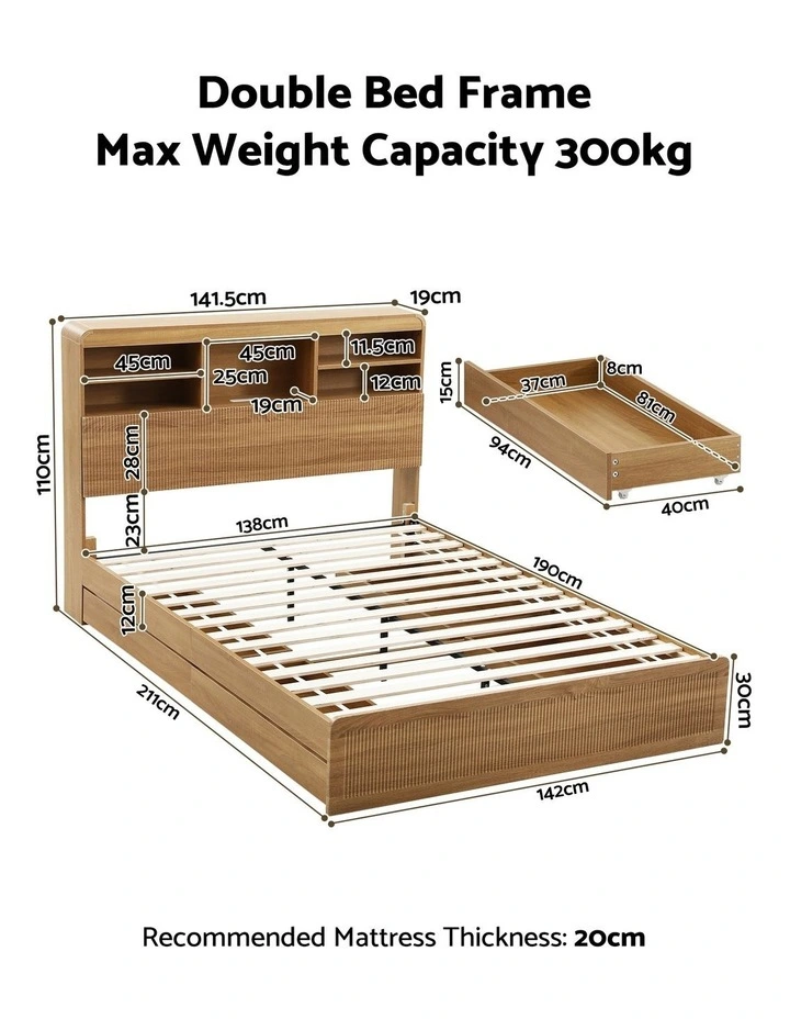 Artiss Double Bed Frame with Storage, 4 Drawers, USB and Night Light Natural image 2
