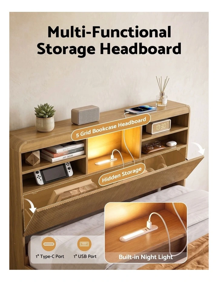 Artiss Double Bed Frame with Storage, 4 Drawers, USB and Night Light Natural image 4