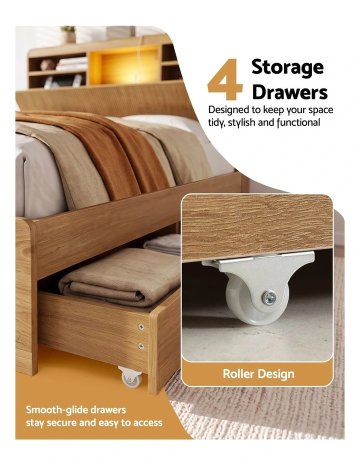 Artiss Double Bed Frame with Storage, 4 Drawers, USB and Night Light Natural image 5