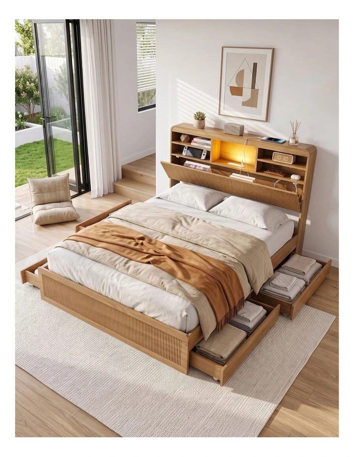 Artiss Double Bed Frame with Storage, 4 Drawers, USB and Night Light Natural image 6