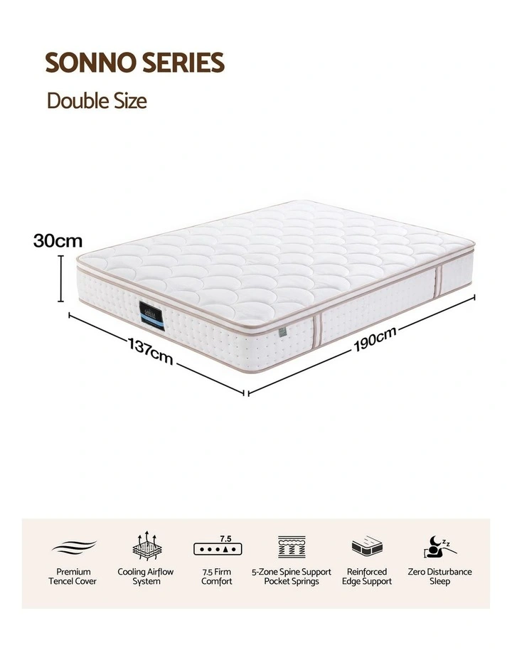 Giselle 30cm Double Spring Mattress Tencel Cover 5-Zone Firm Back Support image 2
