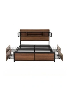 Artiss Double Bed Frame with Charging Station 4 Drawers Storage Oak