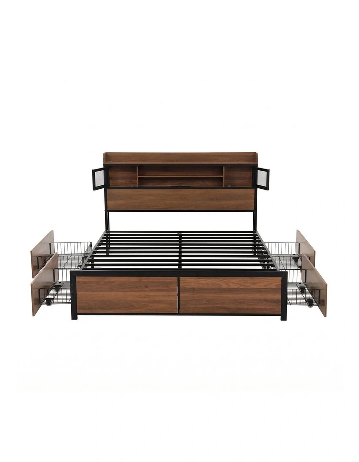 Artiss Double Bed Frame with Charging Station 4 Drawers Storage Oak image 1