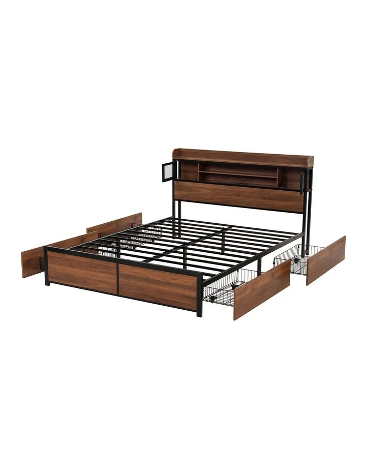 Artiss Double Bed Frame with Charging Station 4 Drawers Storage Oak image 3