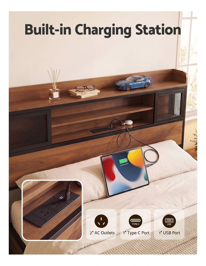 Artiss Double Bed Frame with Charging Station 4 Drawers Storage Oak image 4