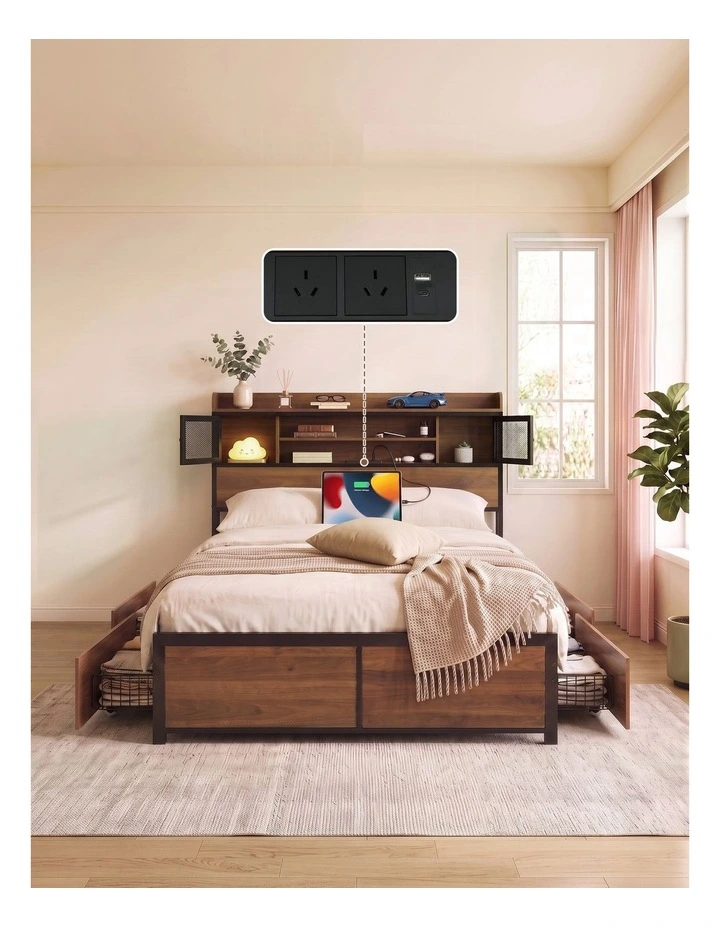 Artiss Double Bed Frame with Charging Station 4 Drawers Storage Oak image 6