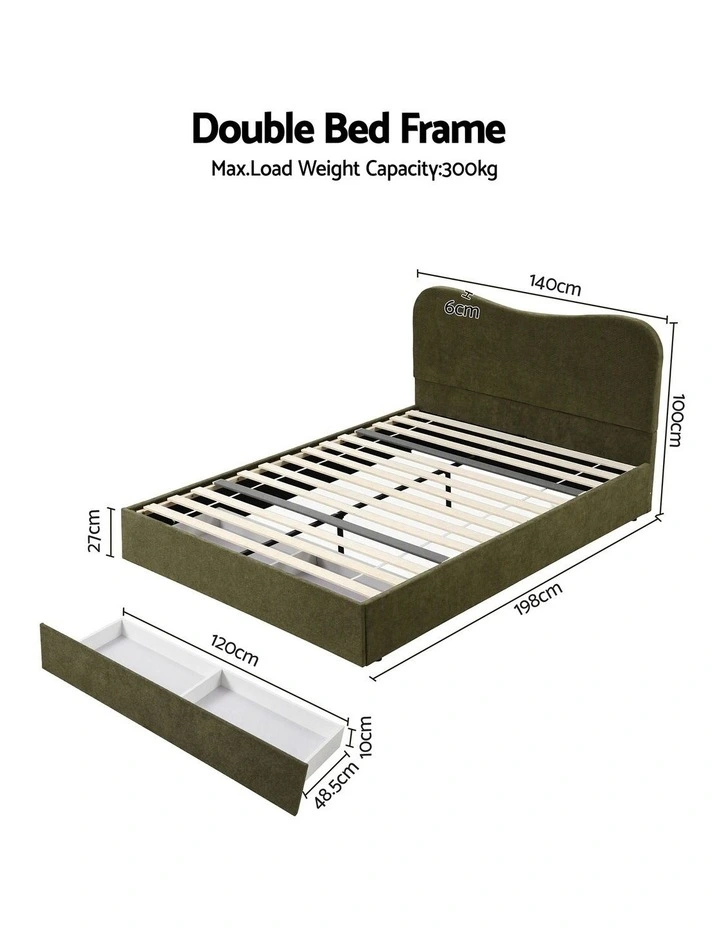 Artiss Double Bed Frame with Storage Drawer, Chenille Curved Headboard image 2