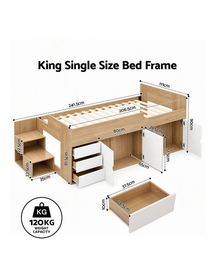 Artiss King Single Bed Frame with Storage, 3 Drawers and Two-Step Access, 2 Cabinets image 2
