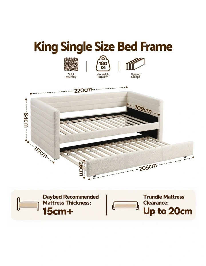 Artiss King Single Daybed with Trundle, Boucle Upholstered Bed Frame Guest Bed image 2